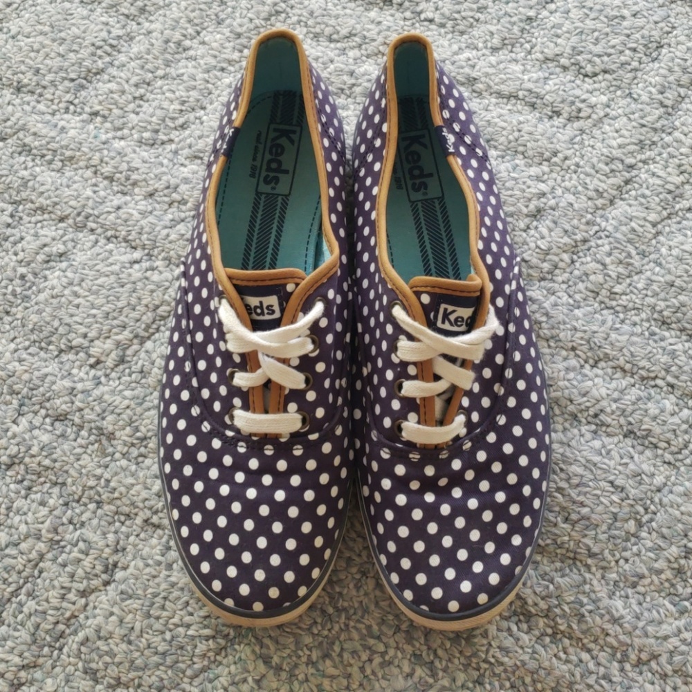Navy blue and white polka dot keds